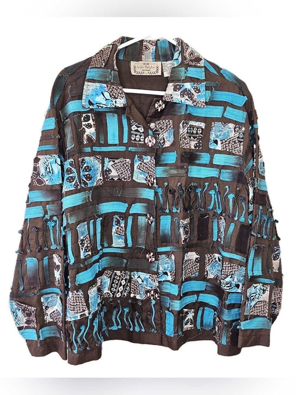 Brown & Blue Patchwork Fringe Open Front Jacket